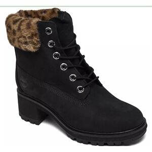 Timberland Waterproof Black Lace Up Leather Boots Leopard Cuff‎ Women's 9.5 NEW